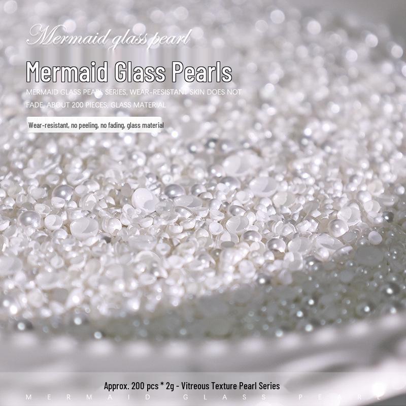 Crystal Glass & Pearl Nail Art Decorations - High Gloss, Flat Back, Off-White Semi-Circular Style