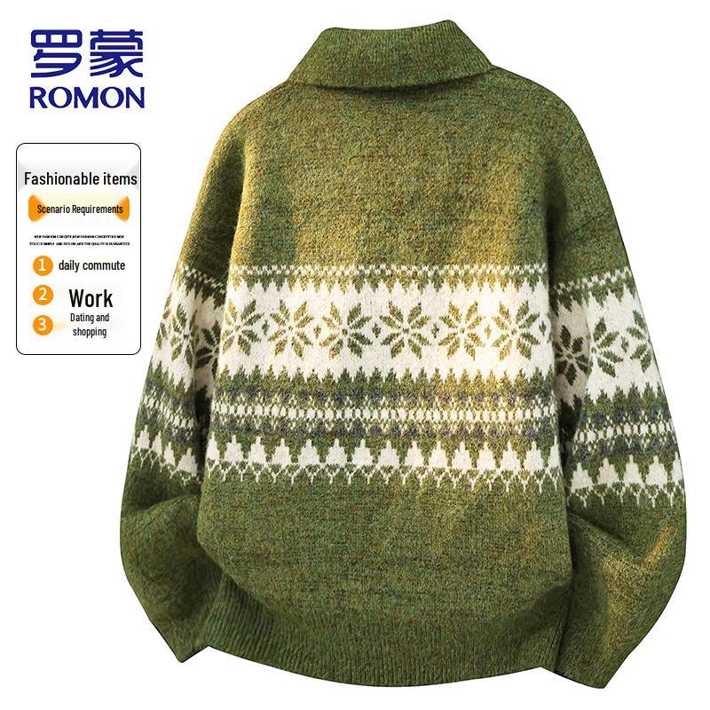 ROMON Vintage Jacquard Half-Zip Collared Knit Sweater