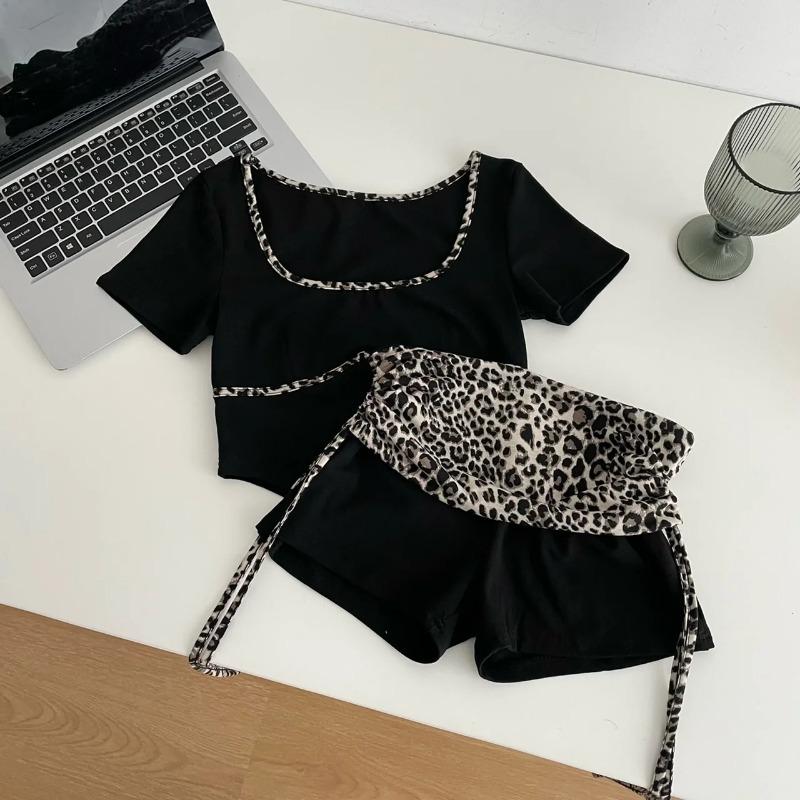 Vintage Sexy Bodycon 2dílné sady kalhot 2024 Letní Y2k Crop Tops + neformální streetwear Žhavé leopardí šortky Korejská móda