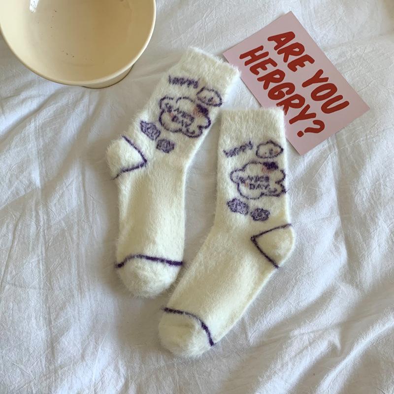 Cartoon Cute Socks Women'S Warm Mink Velvet Medium Tube Socks Autumn And Winter Fluffy Thickened Japanese Stacking Socks Women'S Socks Long