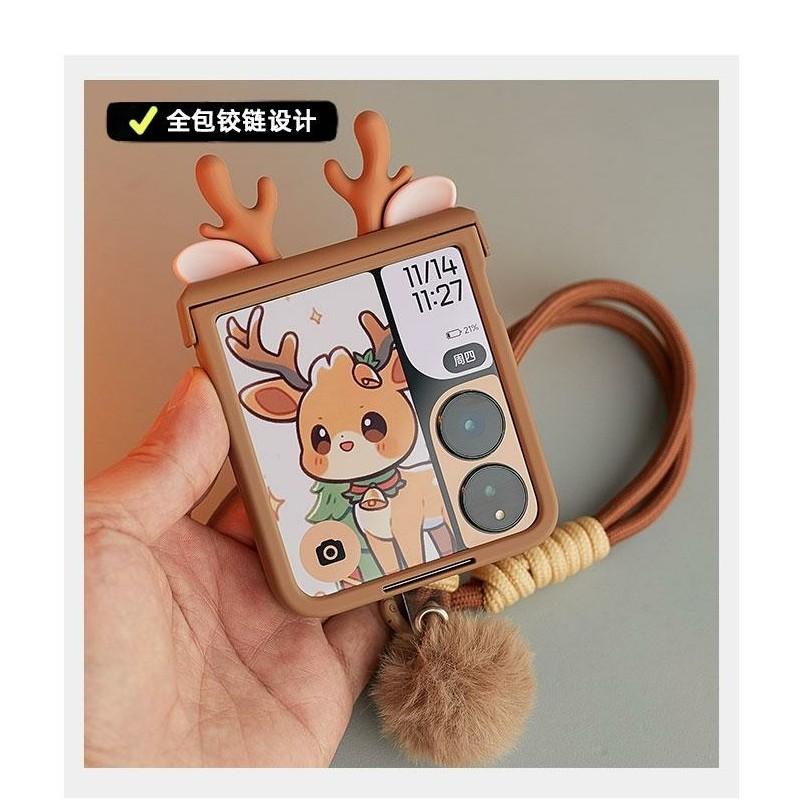 Flip Cute Case For Samsung Galaxy Z Flip 6 5/Xiaomi Mix Flip/Oppo Find N3 N2 Flip/Motorola Razr50 Case 3d Lantler Elk Funda Brown Cover