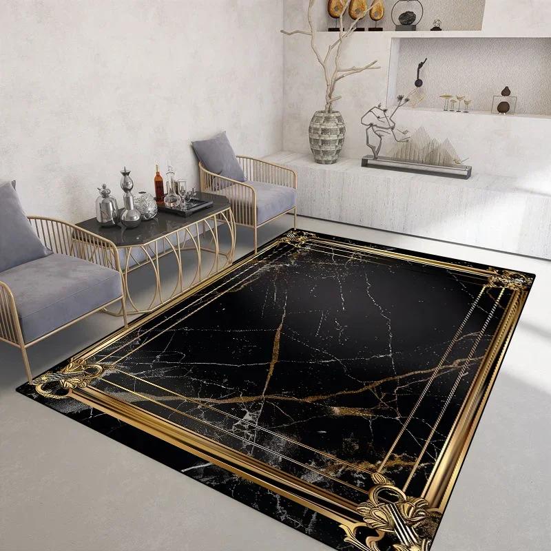 Light Luxury Black Gold Rugs for Living Room Marble Style Decoration Coffee Tables Carpet Non-slip Bedroom Soft Mats Washable