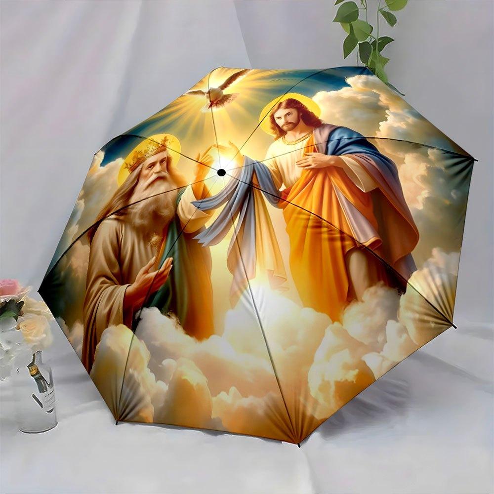 Open/Close Religious Umbrella with God the Father Jesus Holy Spirit Dove Design - Folding Portable Religious Umbrella for Chur