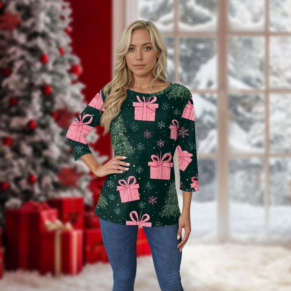 Top de damă cu decolteu O cu mâneci 3/4 cu imprimeu de Crăciun