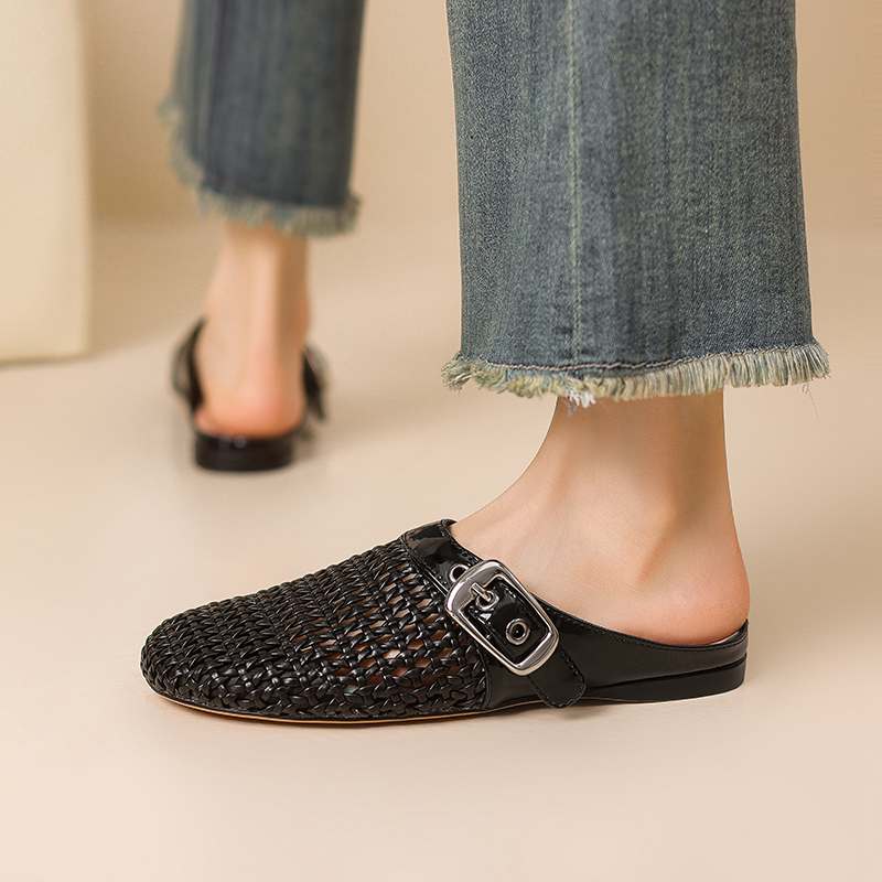 

Krazing Pot Соломенные плетеные мюли, размер 46, размер 45, женские туфли с круглым носком и полым украшением, европейский дизайн, уличные тапочки 46 чёрный