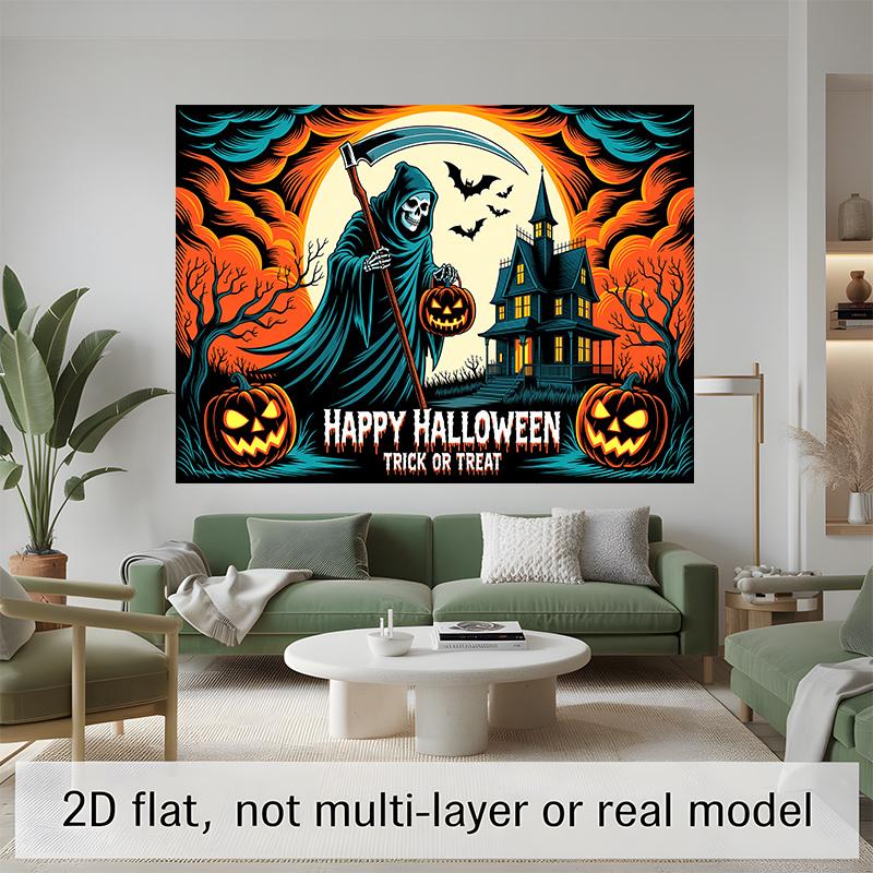 Party Backdrop Halloween Flat Banners Spooky Grim Reaper Haunted House Pumpkins Event Photo Background Front Door Decor