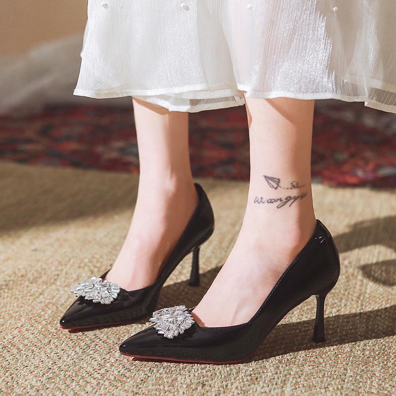 2026 Patent Leather High Heel Women Shoes Pointed Toe Slip On Rhinestones Formal Party Dress Pumps Prom Evening Wedding Heels