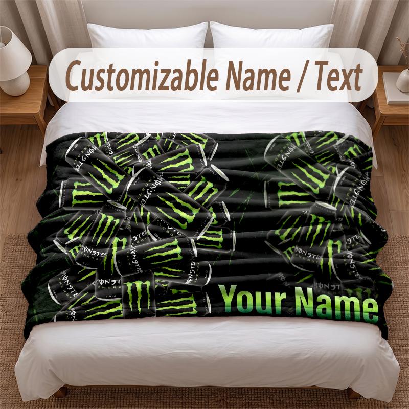 Monster Energy Printed Flannel Blanket Custom Name Text Soft Warm Throw For Bedroom Holiday Gift