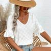 Women's Knit Embroidery Hollow Ruffle V-Neck Short Sleeve Top Women T-Shirt Women