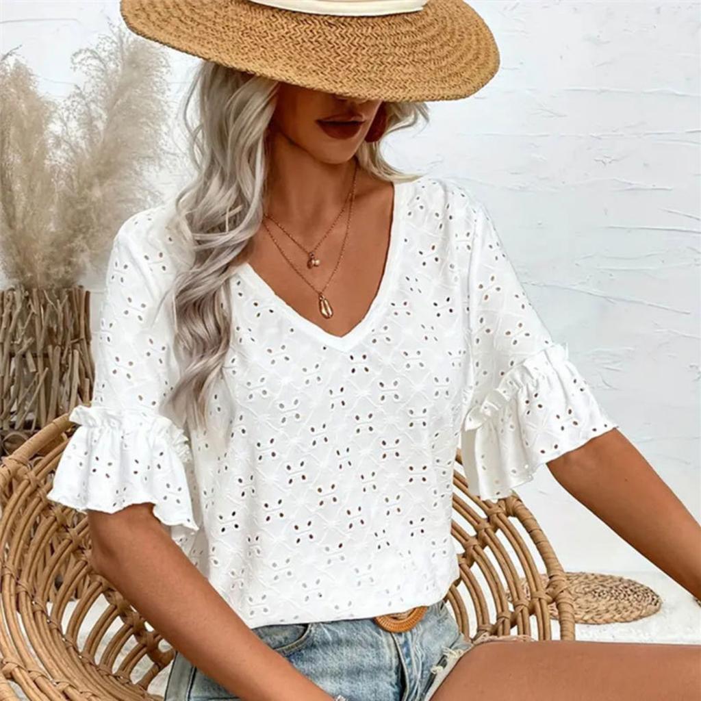 Women's Knit Embroidery Hollow Ruffle V-Neck Short Sleeve Top Women T-Shirt Women