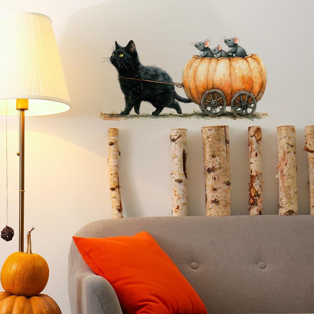 Halloween Cat Cartoon Pulling Pumpkin Cart Sitting Mouse Home Decor Stickers
