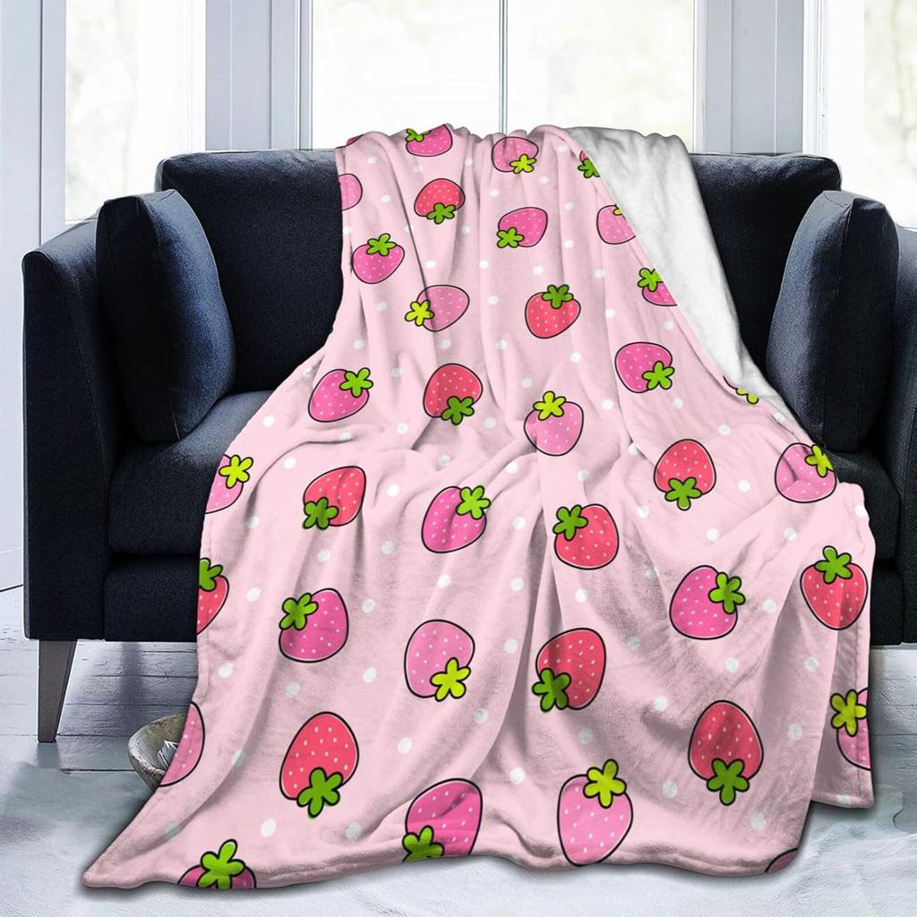 Cute Strawberry Blanket, Plush Soft Warm Flannel Sweet Fruit Throw Blanket for Couch, Travel, Bed, Outdoor, Gift for Teen Adult