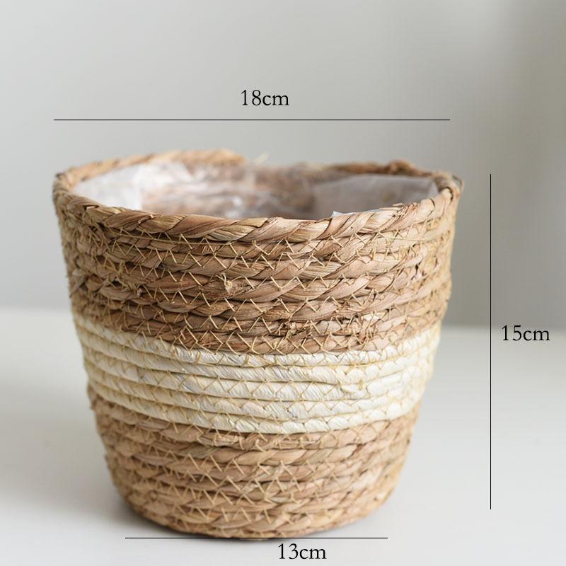 Straw flower basket flowerpot Potted bamboo basket Woven basket Rattan plant bamboo woven bamboo basket Decorative bamboo woven flowerpot Machine-made inverted cone beige small size