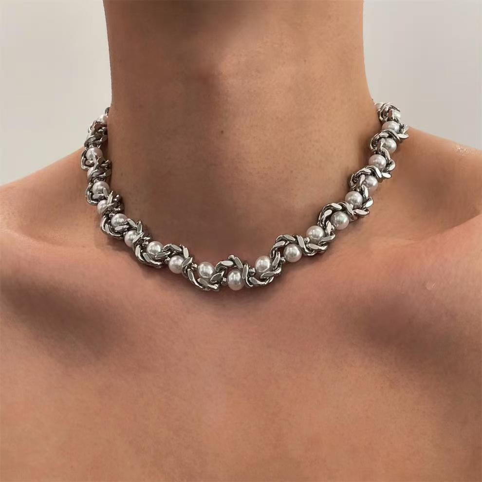 Cuban Chain Wrapped Pearl Necklace Men's Tide Niche High-end Design Hip-hop Collarbone Chain Men's and Women's Neck Chain Accessories Tide