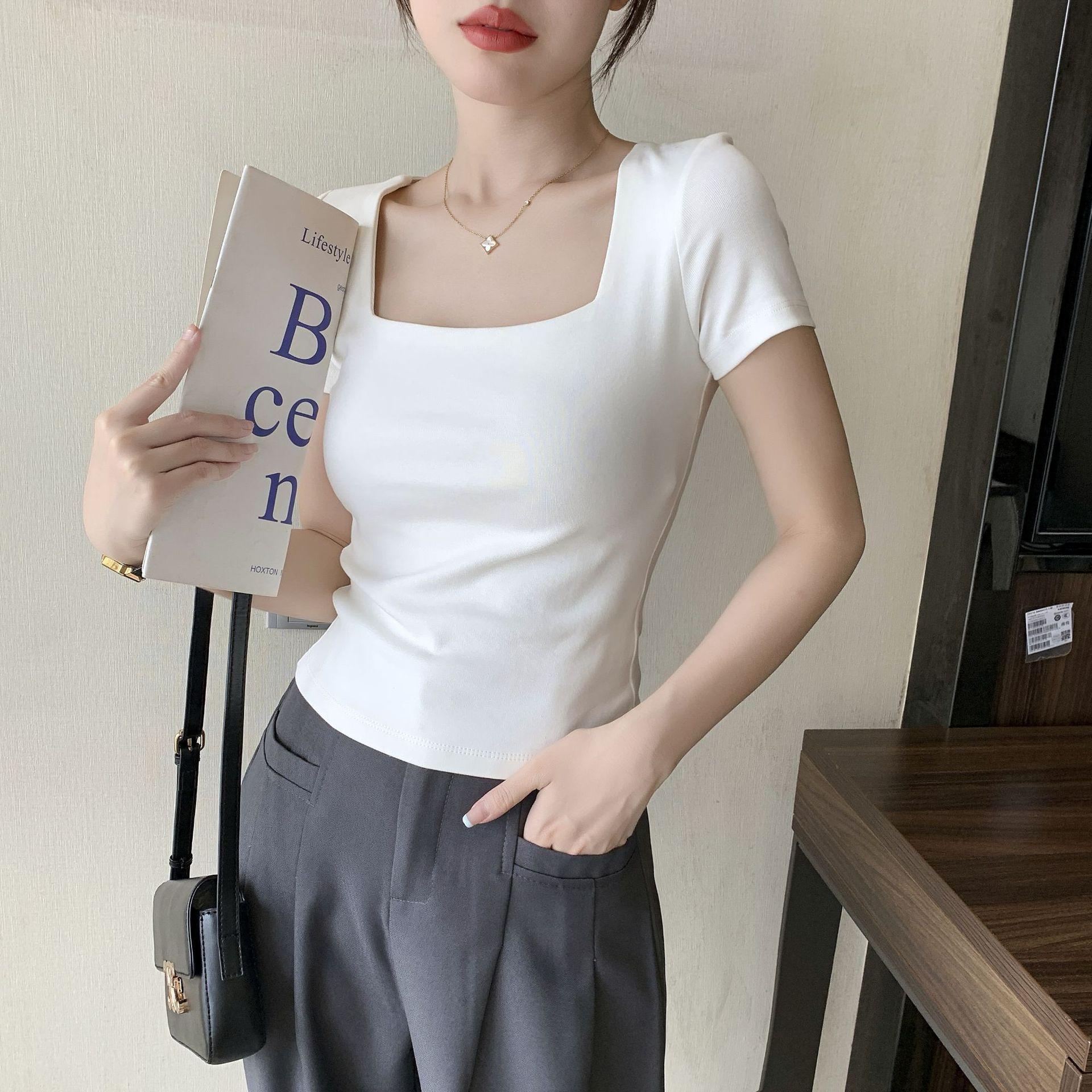 

Женский топ весна/лето 2025 с квадратным воротником и короткими рукавами, облегающий M (85-96 jin) белый