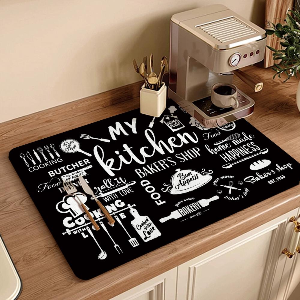 1pcs Coffee Cup Drying Mat Cartoon Black Non-slip Absorbent Mat Diatoms Tableware Kitchen Counter Drain Mat Coffee Bar Drain Mat