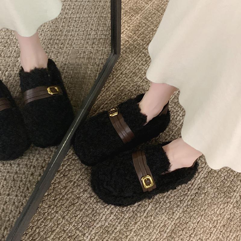 Fluffy Warm Fluffy Shoes for Women's 2025 New Winter Thick-soled Belt Buckle, Fleece Warm One-pedal Cotton Shoes