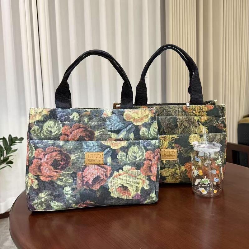 Borsa a mano tote retrò stile dipinto a olio floreale portatile con custodia per contenitore per il pranzo grande capacità borsa da esterno