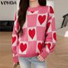 VONDA Women Autumn Round Neck Long Sleeve Plaid Heart Print Pullover Sweaters