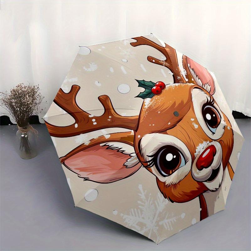 Reindeer, Winter Wonderland Theme 8 Bone Hand Automatic Folding Umbrella, Compact and Portable Design, A Perfect Gift for Birthday, Christma
