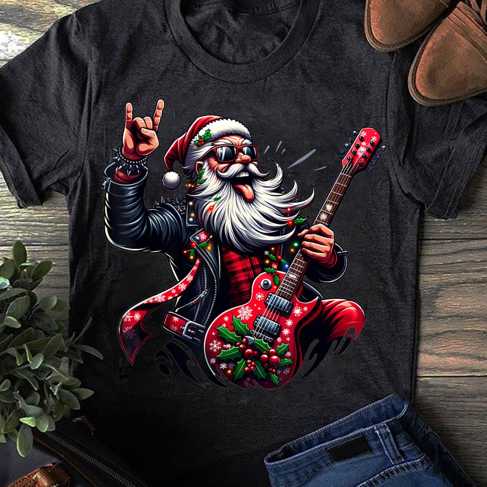 Santa Claus Guitar Player Rock & Roll Christmas T-Shirt - Funny Guitar Shirts For Men, Guitar Player, Cool Music T-Shirt, Gift For Musician 2XL