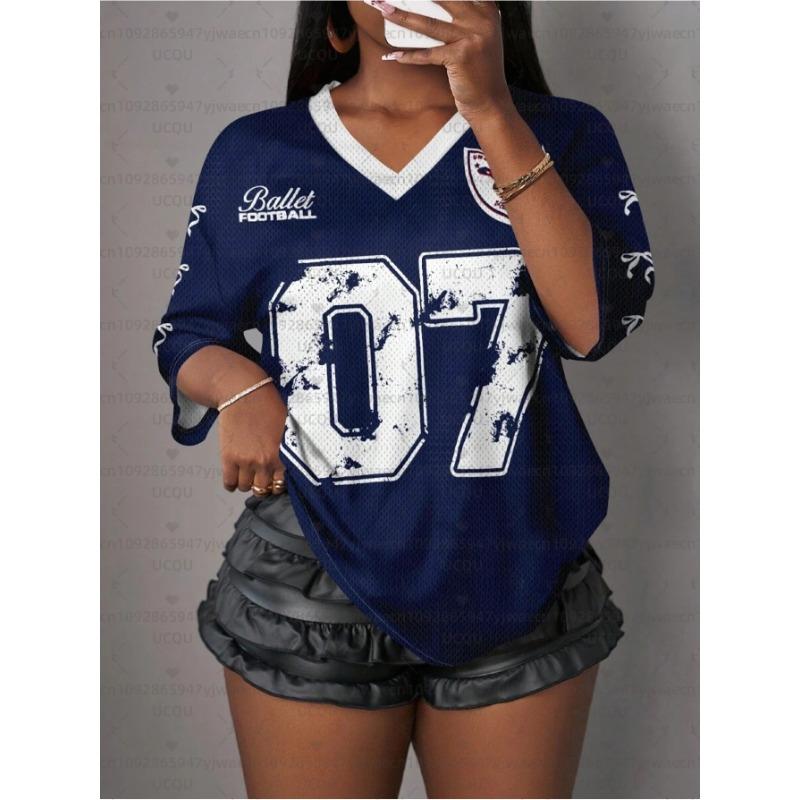 Summer Women's 3D Print V-Neck Short Sleeve T-Shirt Summer Graphic Tee Football Jerseys Plus Size Sport T-Shirt Tops