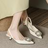 French Beige Rhinestone Word with Sandals Women's Thin Heel High Heel Fashion 2025 New Summer Foreign Soft Shoes
