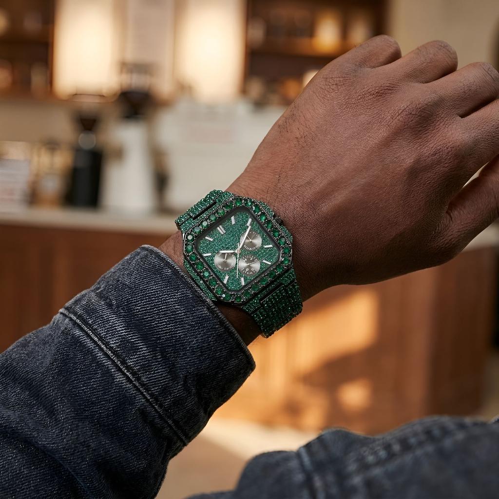 THE BLING KING Iced Out Green Emerald Crystal Square Men Quartz Watch Black Plated Multi Dial Calendar Week Luxury Wristwatch