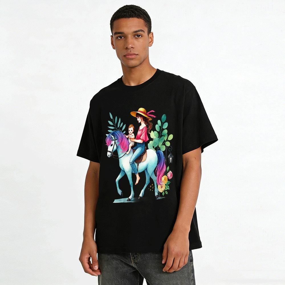 Watercolor Mother And Baby Horse Riding Print Casual Top Pure cotton T-shirt