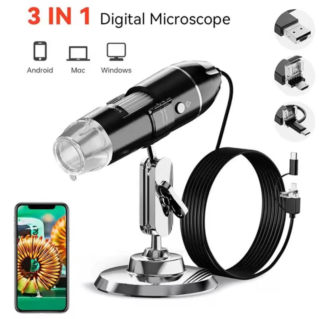 3-in-1 1600X Digital Microscope Type-C USB Electronic Magnifier for Coin Circuit Board Inspection Soldering
