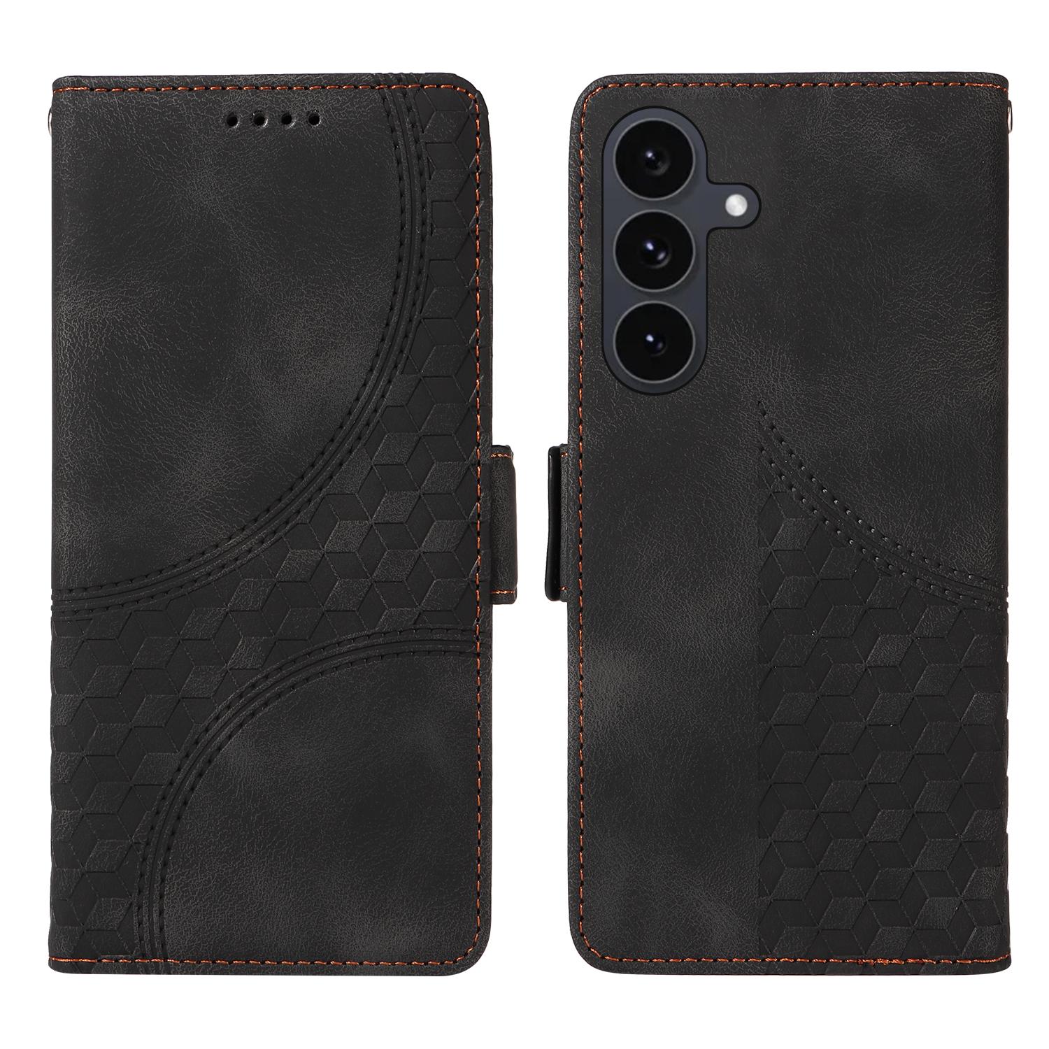 

For Samsung Galaxy S25 FE Leather Cases Wallet Rhombus Imprinted Phone Cover Stand with Strap Black