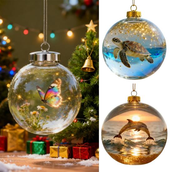 Clear Ball Ornament 3D Butterfly/Turtle/Dolphin Animal Christmas Ball Decoration Memorial Gifts for Animal Lovers