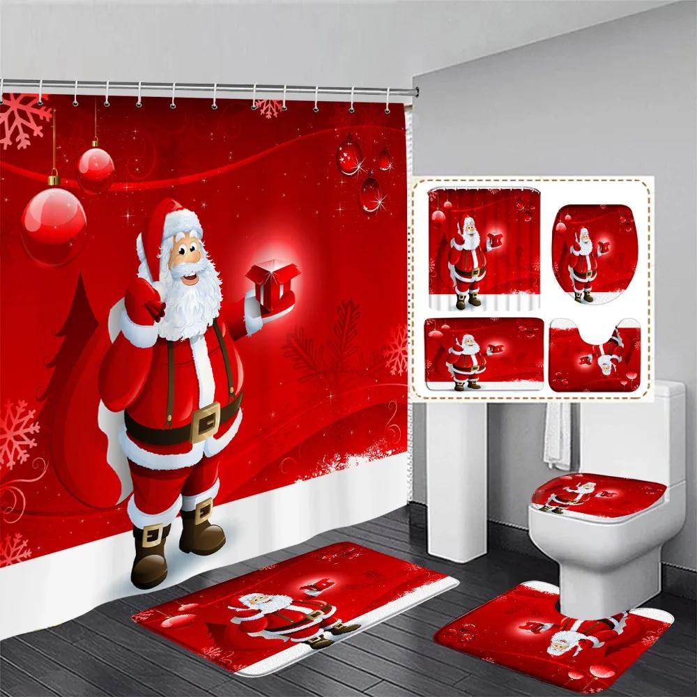 Funny Snowman Shower Curtain Set Xmas Ball Silver Pine Branches Gift Christmas Home Bathroom Decor Rug Bath Mat Toilet Lid Cover