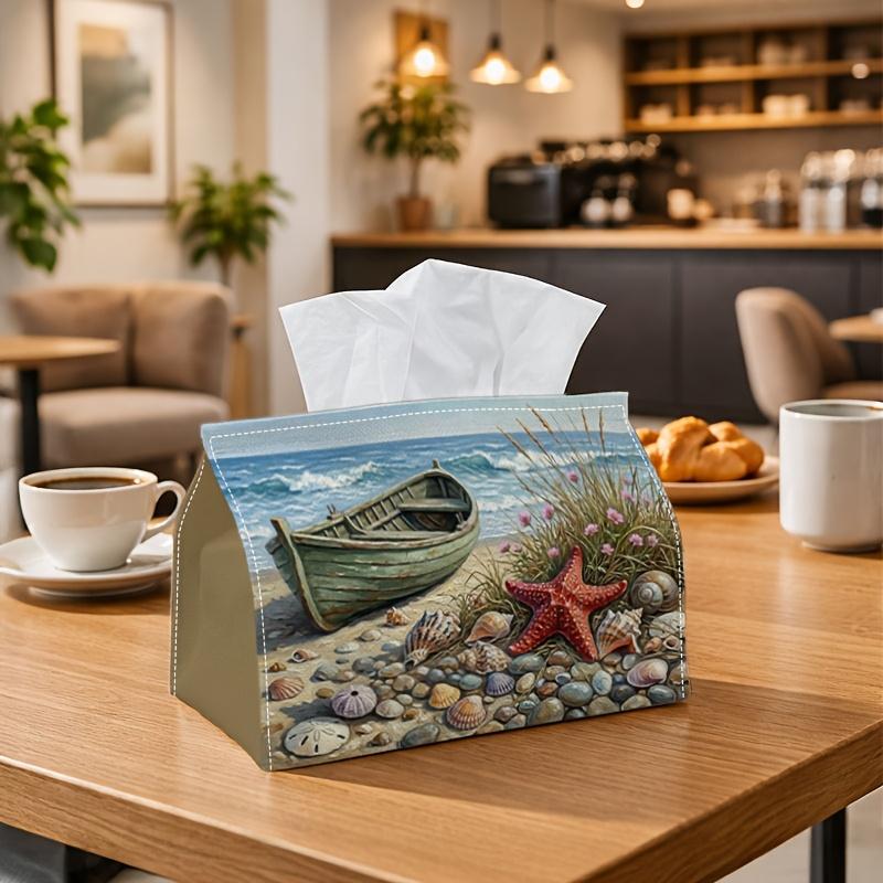 1pc Coastal Boat Scene Tissue Box | Multi-functional Napkin Dispenser, Two Sizes Available Suitable for Home, Parties, Car Decoration Blue Sand Realis