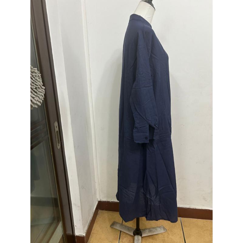 Damen Frühlings Sommer Baumwolle Leinen Maxikleid Hemdkragen Langarm Knöpfe Locker Große Größen Freizeitkleid mit Taschen für Tägliches Urlaubs Tragen