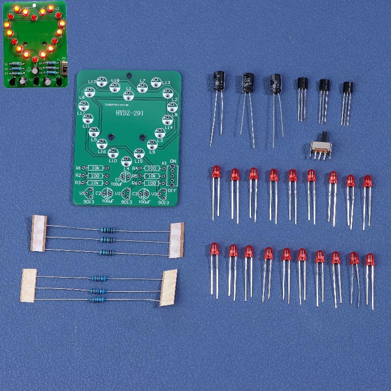 Diy Heart-Shaped Led Flowing Lights Electronic Kit 18 Red Led Light Pcb Soldering Kit With Battery Box Dc3V Circuit Board Module
