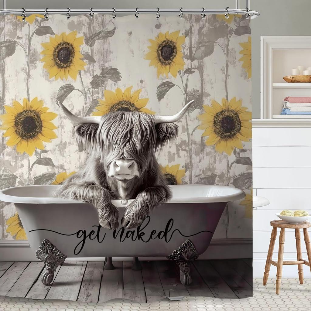 Funny Highland Cow Bull Shower Curtain, Rustic Farmhouse Sunflower Vintage Animal Humor Decor
