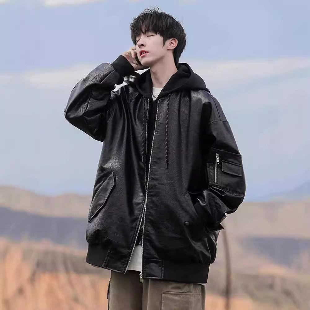 American High Street Pu Leather Jacket Men's Spring and Autumn Loose Teenager Handsome Hooded Jacket