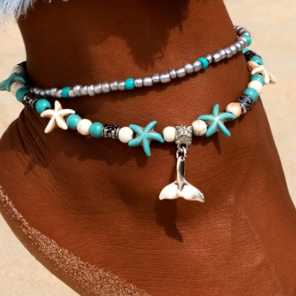 Vintage Turquoise Starfish Turtle Foot Ornaments Beach Layer Beaded Hollow Double Anklet for women Valentine's Day Gift