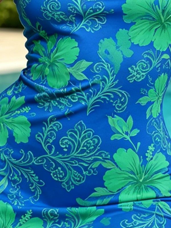 Women's Elegant Blue Tropical Floral Sleeveless Bodycon Mini Dress, High Waist Slim Fit Beach and Casual Resort Wear