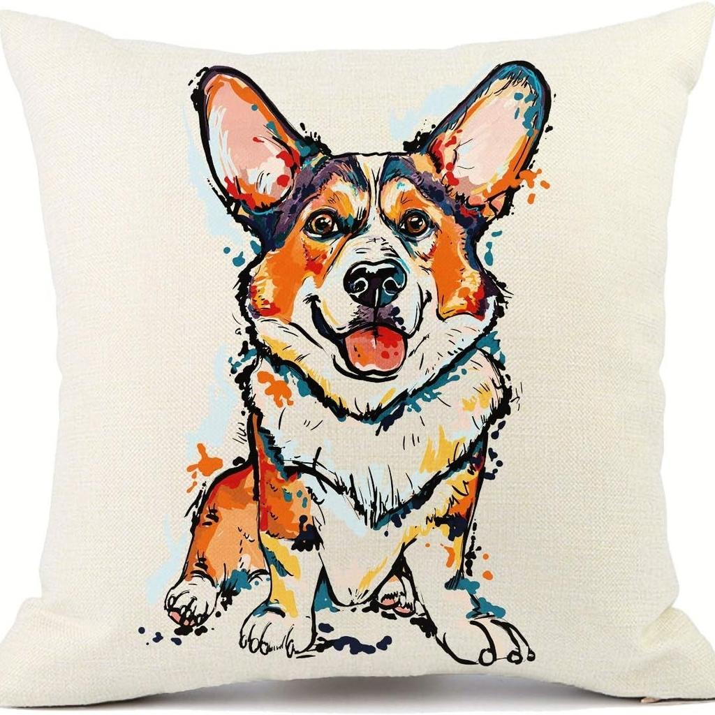 Colorful Corgi Linen Pillow Cover - Modern Home Decor, Perfect Gift for Dog Lovers, Vibrant Colors, Unique Design