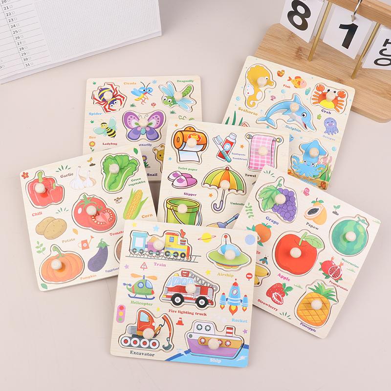 1 Set Cartoon Tier Verkehr Handgreifbretter Holzpuzzle Montessori Spielzeug für Kinder Frühes Lernen Lernspielzeug