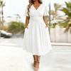 Women's V Neck Short Sleeve Dress Solid Color Waist Pleated Design Flared Sleeves Midi Length Casual Dress with Pockets