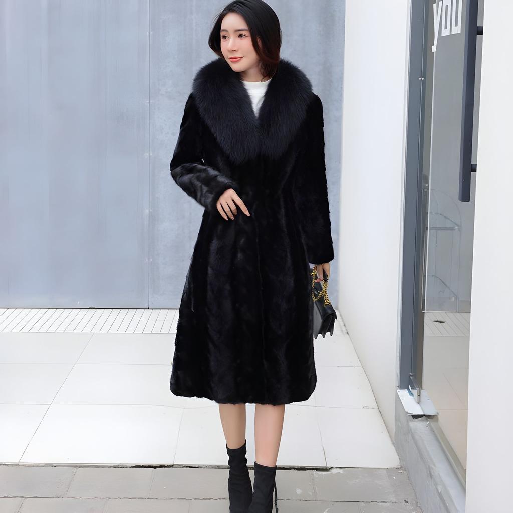 100% Genuine Mink Fur Coat for Women Fox Fur Collar Mink Fur Coat for Women Knee-length Mink Coat Send Mom and Wife Gift