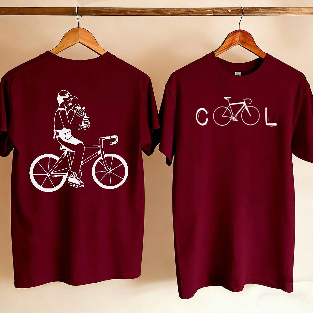 Couple Front Back Printed T Shirt Minimalist Cool Bicycle Word Front Unisex Riding Bike Holding Drink Line Art Casual Cycling Tees