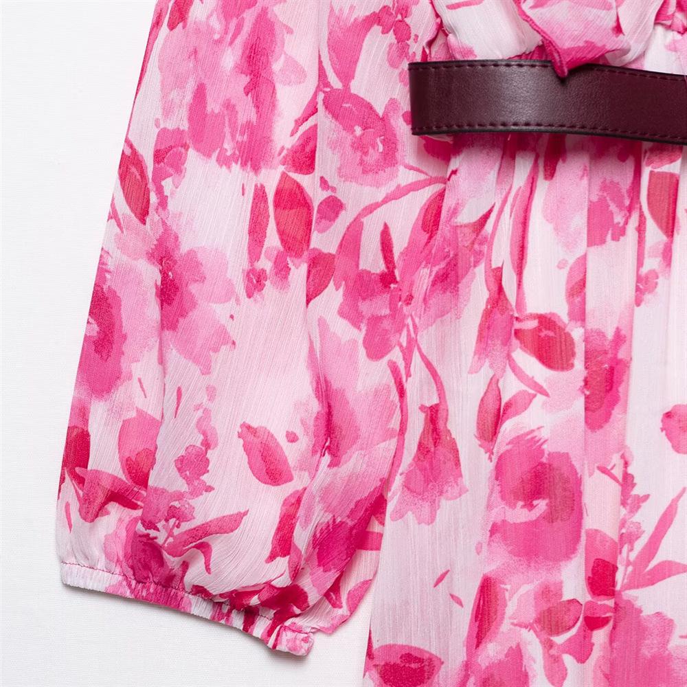 2025 Spring/Summer Women's Slim-Fit Pleated Patchwork Print Dress with Belt