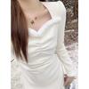 French Velvet Temperament Long-sleeved Dress Women's Spring New Pleated Waist Thin Inner Bottom Long Dress