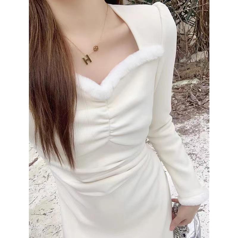 French Velvet Temperament Long-sleeved Dress Women's Spring New Pleated Waist Thin Inner Bottom Long Dress