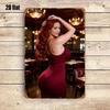 Metal Wall Art Poster Retro Redhead Beauty with Chandelier for Bar Decor