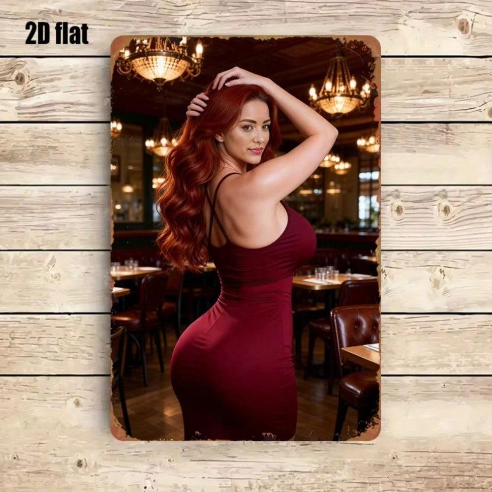Metal Wall Art Poster Retro Redhead Beauty with Chandelier for Bar Decor